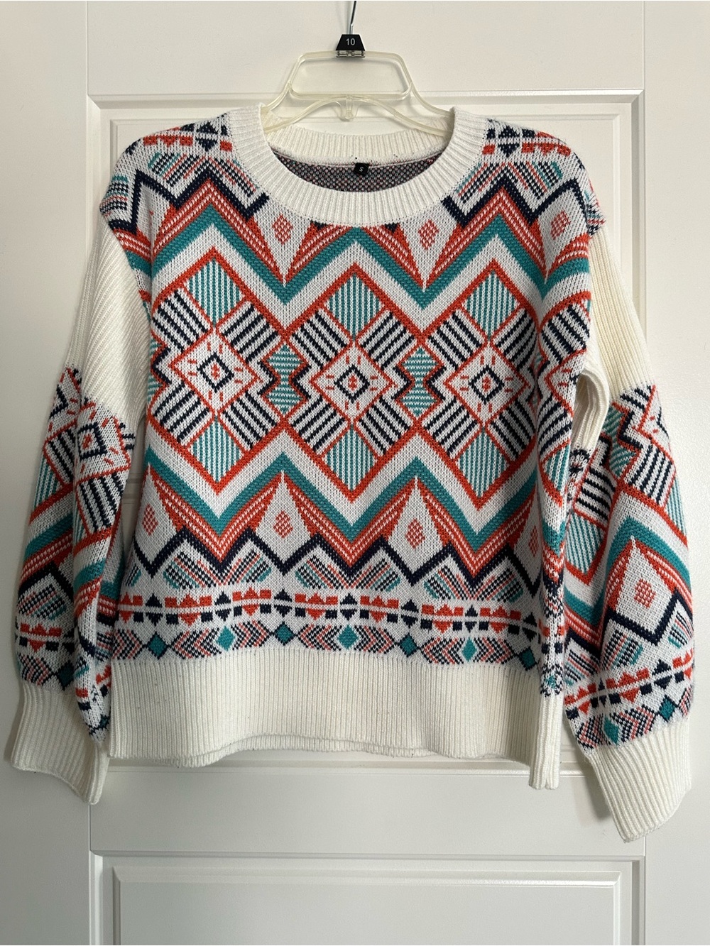 SHEIN Cream Crewneck Sweater with Teal, Coral & Navy Geometric Print